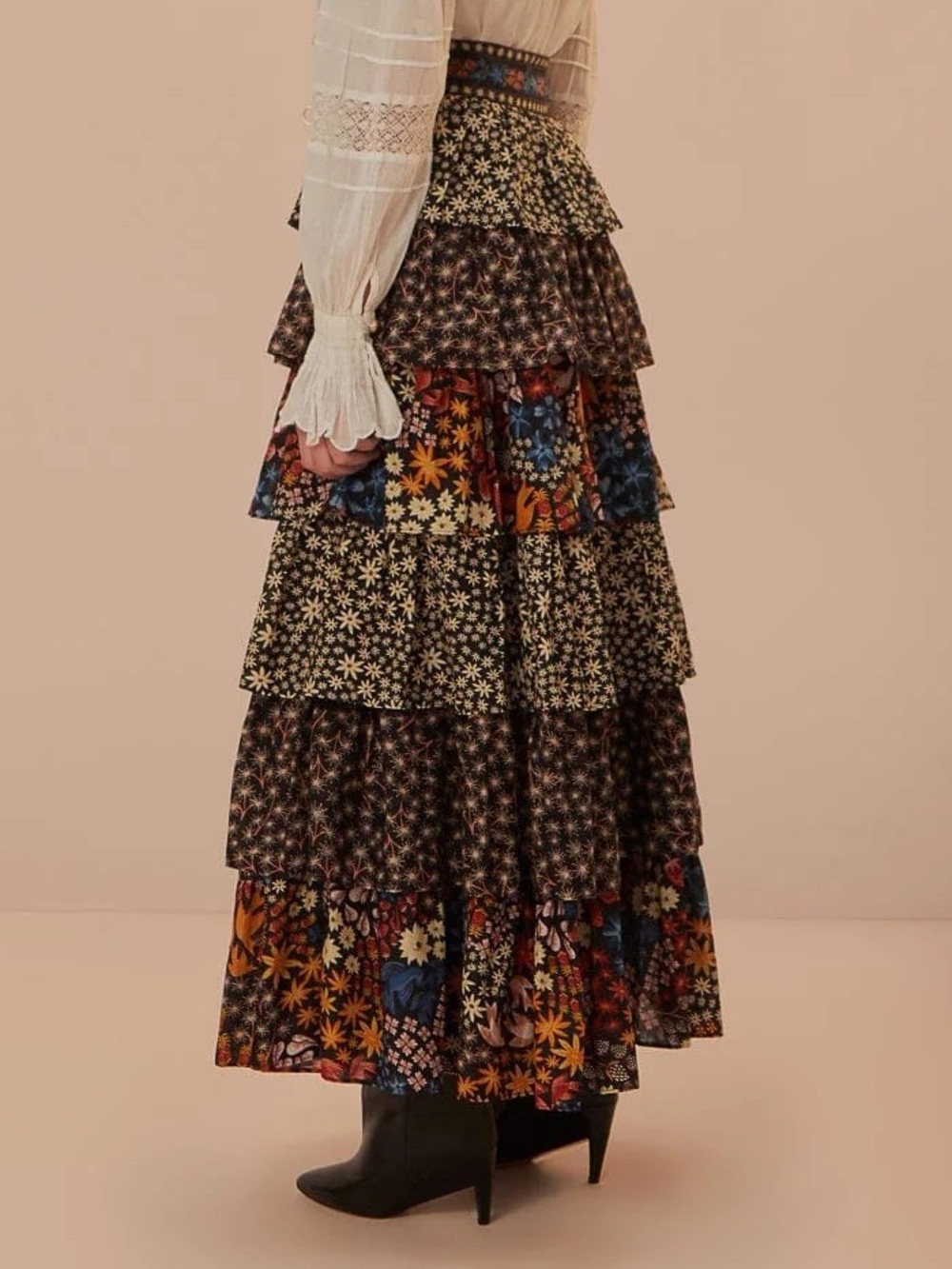 FARM Rio Black Jujus Garden Tiered Ruffle Floral Midi Skirt Small 57199 - Picture 2 of 11